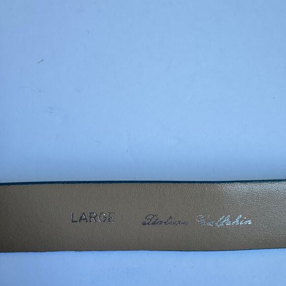 Vintage Women’s Italian Calfskin Teal Slide Belt Size L Gold Tone Clasp 80s 90s - Picture 2 of 6